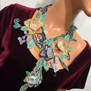 Antique tones Textile Jewelry Bib Bohemian Embroidery Lace Necklace Wearable Art